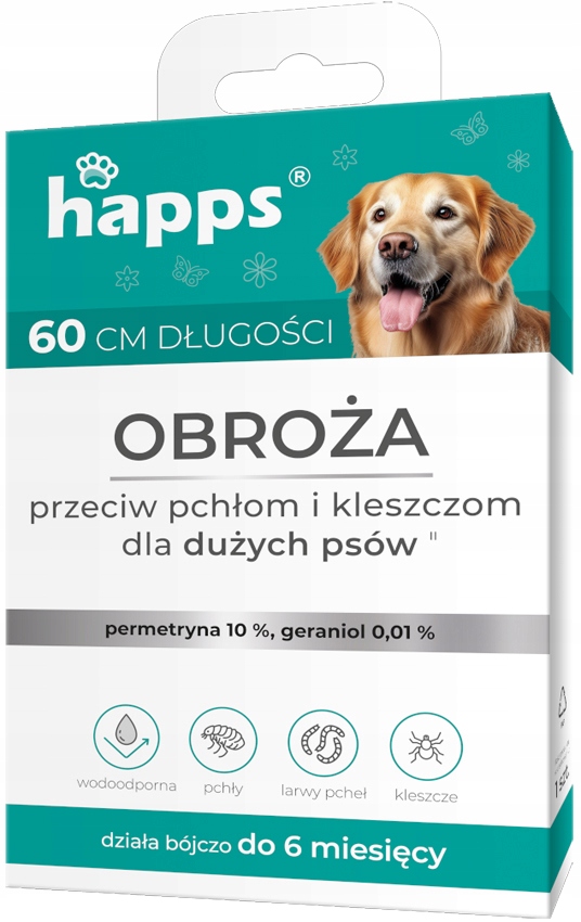 OBROŻA NA PCHŁY KLESZCZE PASOŻYTY DLA DUŻYCH PSÓW DZIAŁA 6 MIESIĘCY HAPPS