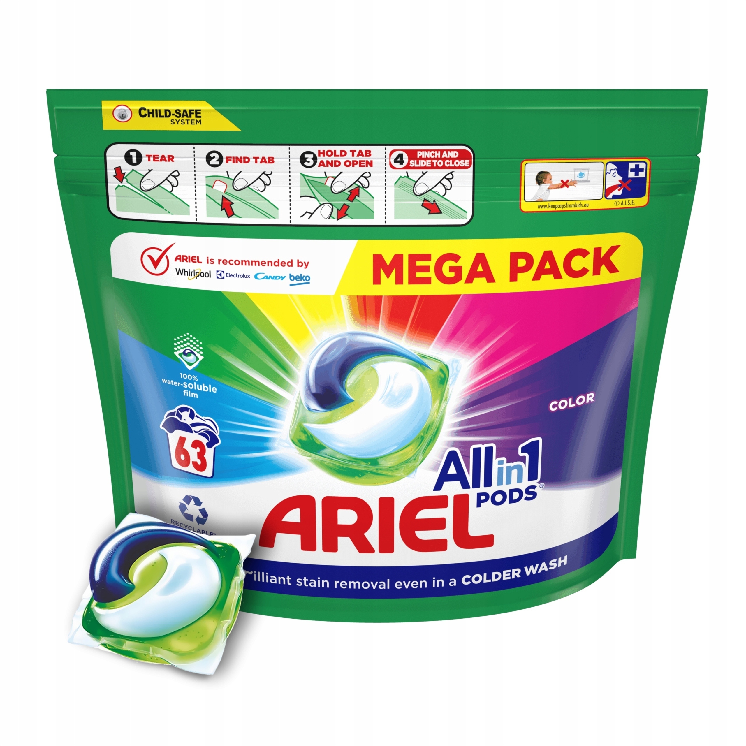 Levně Kapsle na praní barev Ariel all in one Pods 63 ks