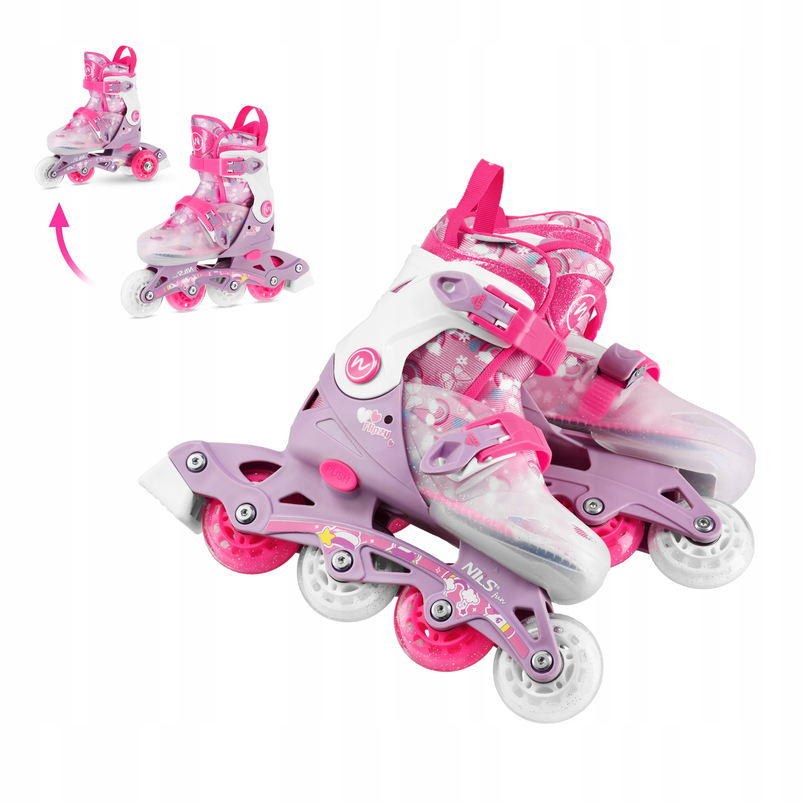 Kolečkové Brusle brusle 2v1 2v1 kaučuková kolečka 82A růžová Xs Nils Fun