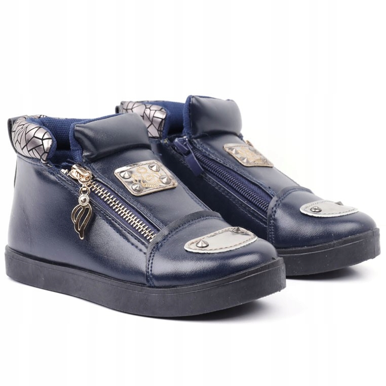 Botki sneakersy płaskie suwaki dziewczęce granatowe buty dziecięce wygodne Kolor niebieski