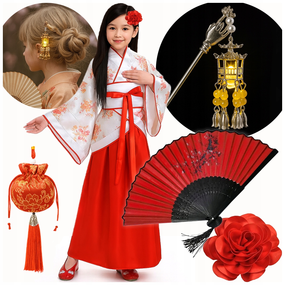 Strój Japonka Orientalne Kimono Piękne Dodatki Czerwony 134/140 balovelove
