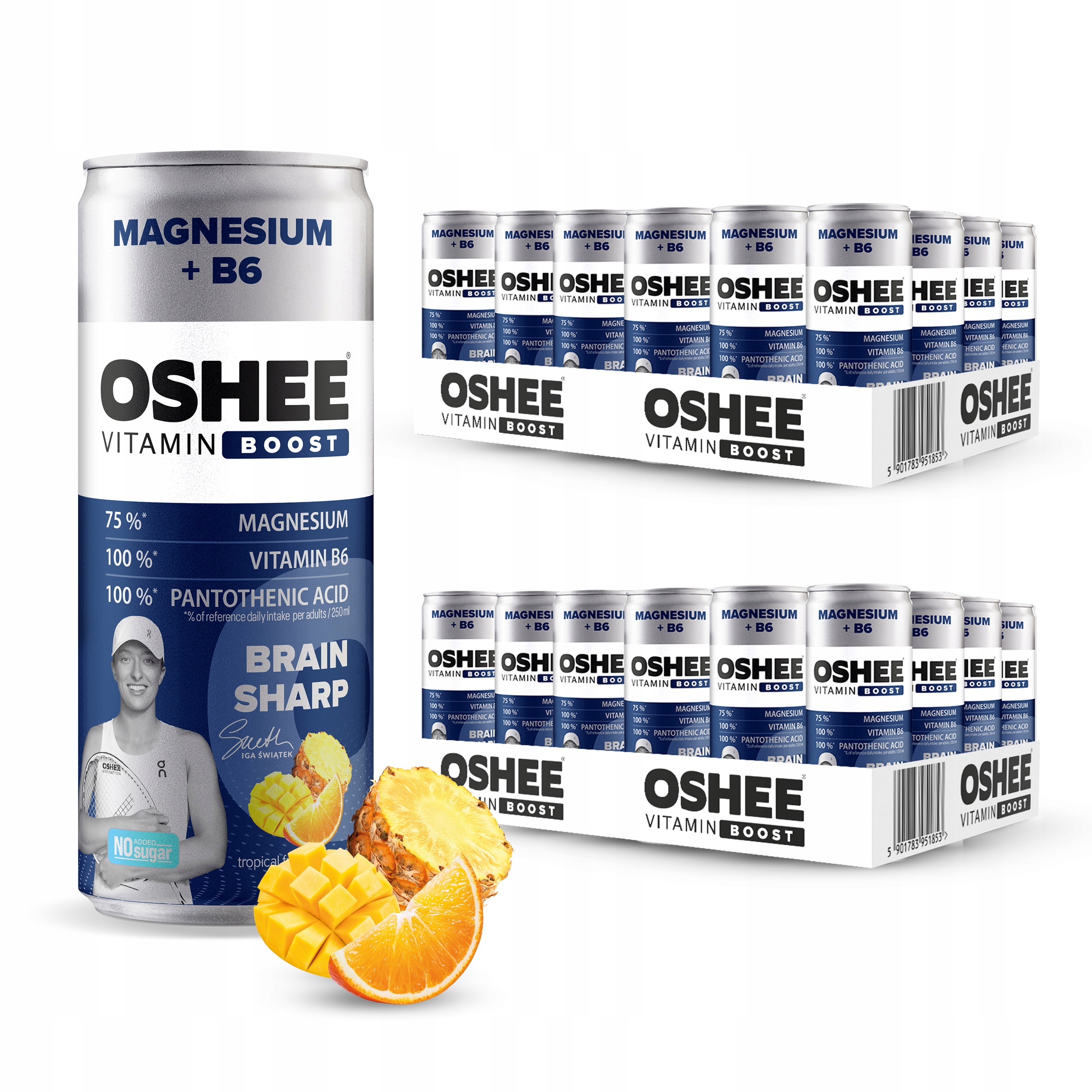 48x Oshee Vitamin Boost Magnesium+B6 bez cukru, smak tropikalny 250 ml