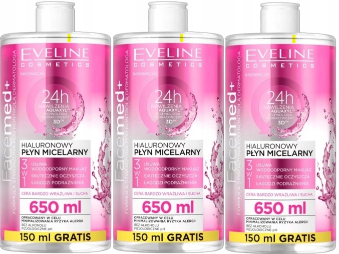 3 kusy Facemed+ Hyaluronová micelární voda 650 ml Eveline Zklidnění pleti