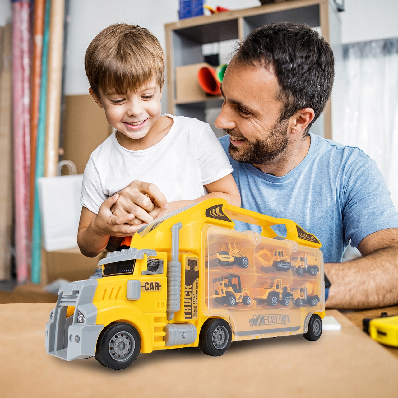 TIR LAWETA CIĘŻARÓWKA 6SZT METALOWE AUTA BUDOWLANE Płeć chłopcy dziewczynki