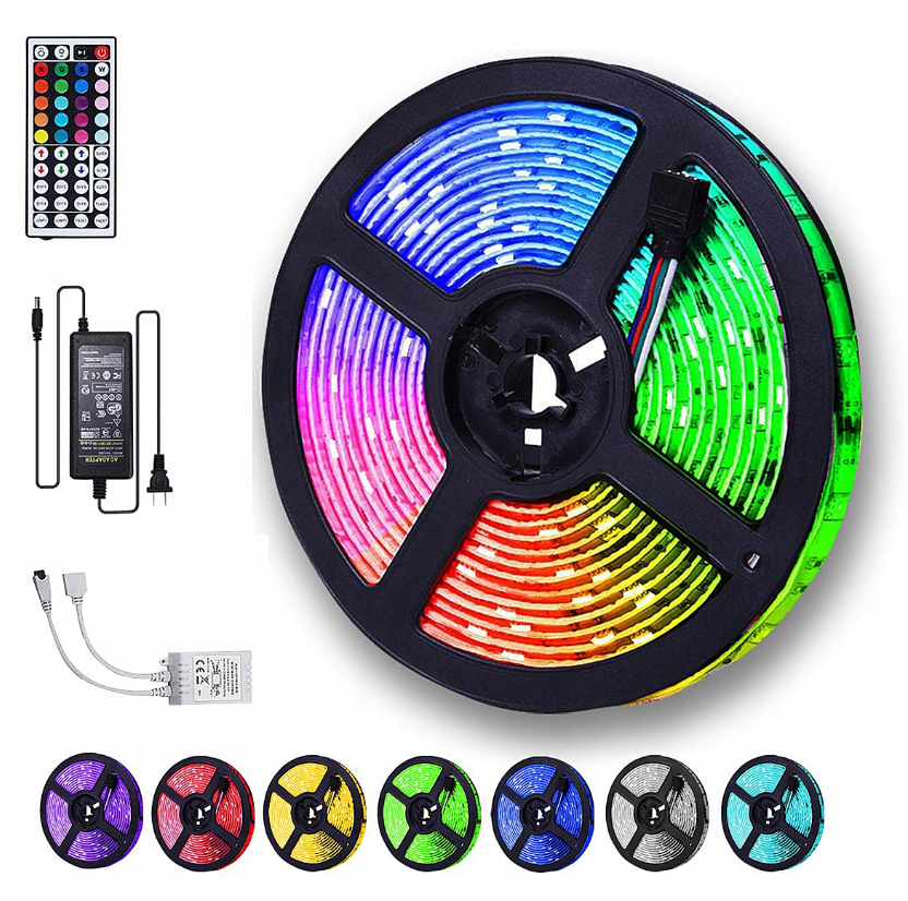 LEDY WODOODPORNE KOLOROWE TAŚMA LED RGB WODOODPORNA 5m Z PILOTEM Klasa szczelności IP65