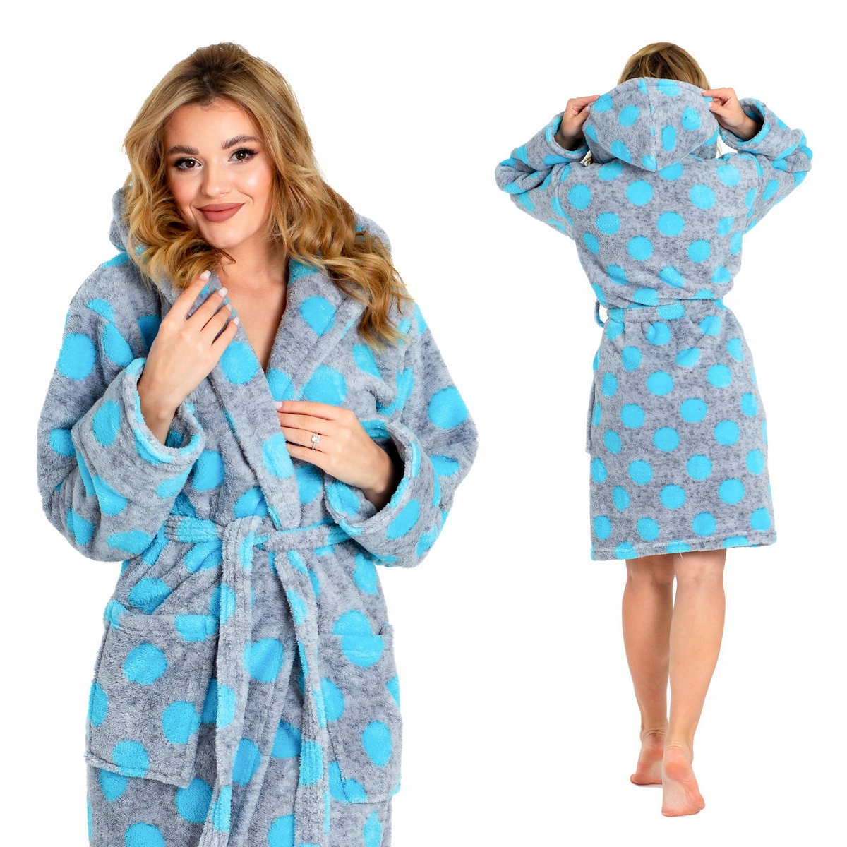 

Puchaty szlafrok damski z kapturem w kropy L/XL Kr