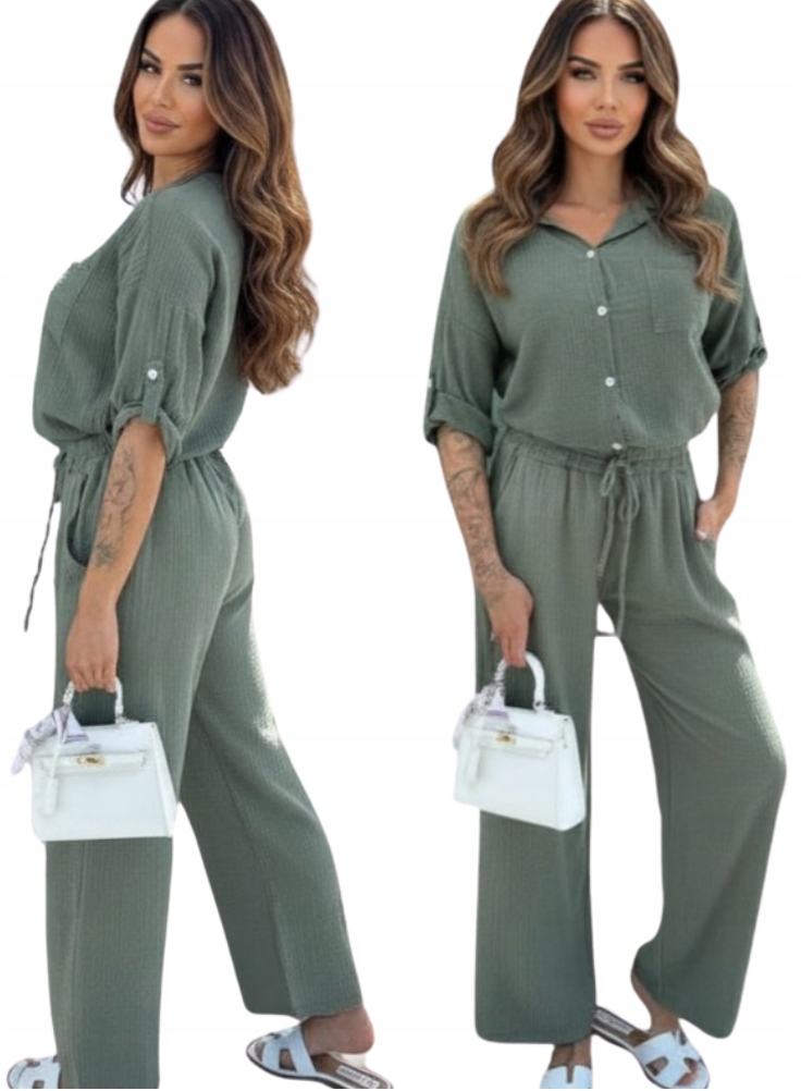 Módní Dámský MušelínOVÝ Komplet Bavlna Kalhoty Košile letní Set Khaki