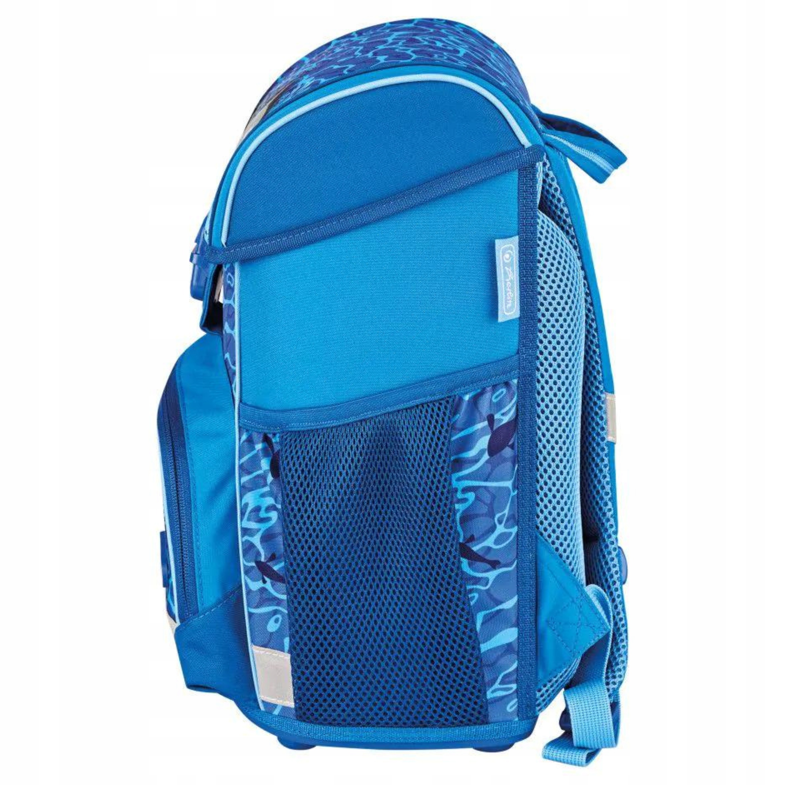 Plecak szkolny zestaw Herlitz Loop Blue Shark Plus Cechy dodatkowe elementy odblaskowe kieszeń na napoje nóżki pas piersiowy regulowany pasek usztywniane dno usztywniane plecy