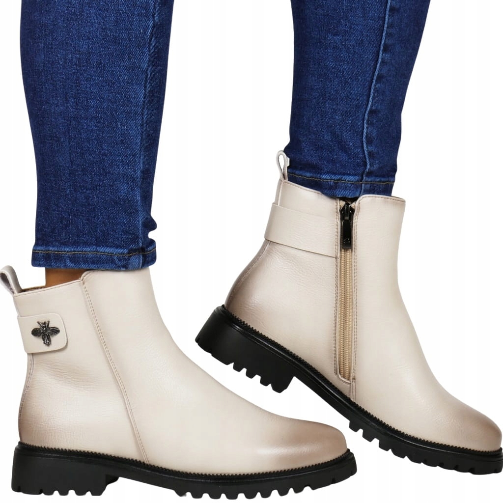 Dámské Kotníkové Boty S Plochou Podrážkou, Ozdobná Včela, Béžové, Semišové, Módní