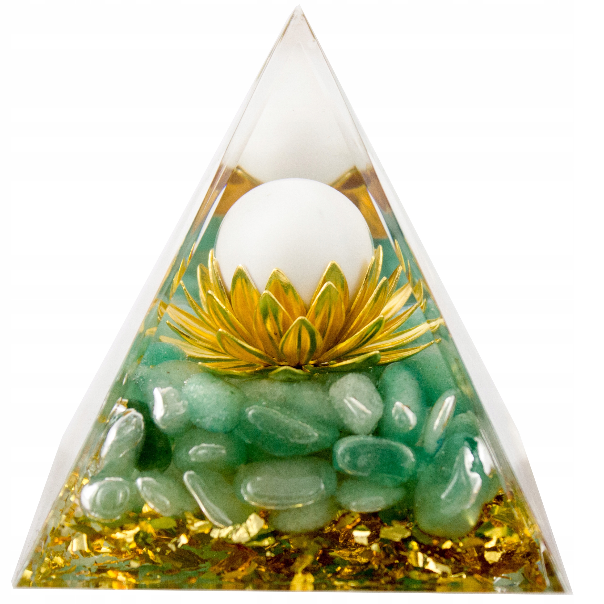 Pyramida Orgonit Jadeit Zelený Květ Lotos Achát Bílá Zlatá Fólie 5cm