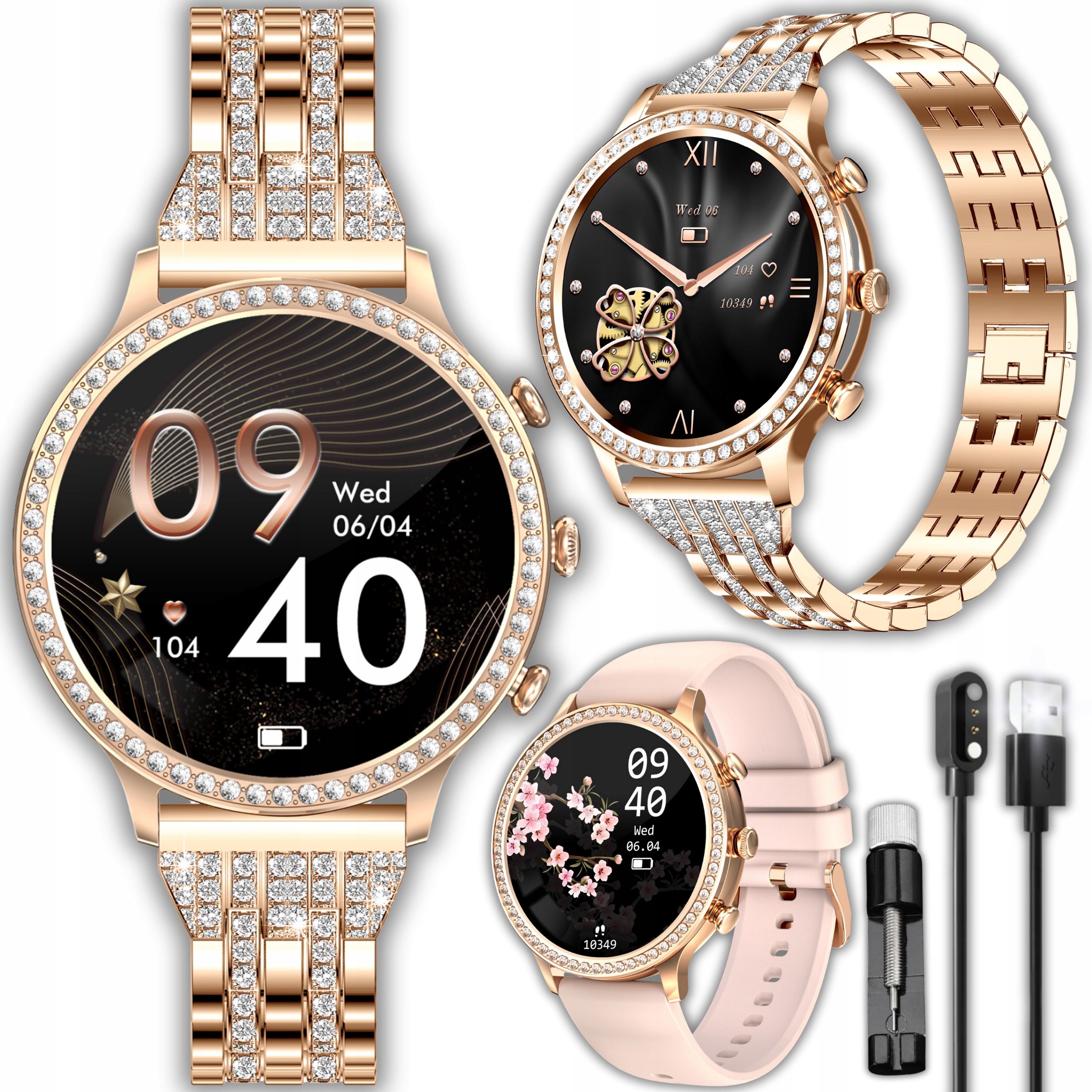 SMARTWATCH ZEGAREK DAMSKI ELEGANCKI CYRKONIE ROZMOWY POWIADOMIENIA MENU PL