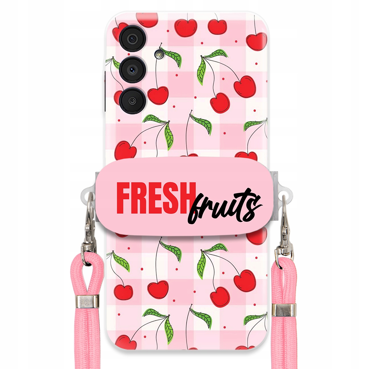 Puzdro pre Samsung A16 5G Case držiak na šnúrku Ružový Fresh Fruits Mriežka