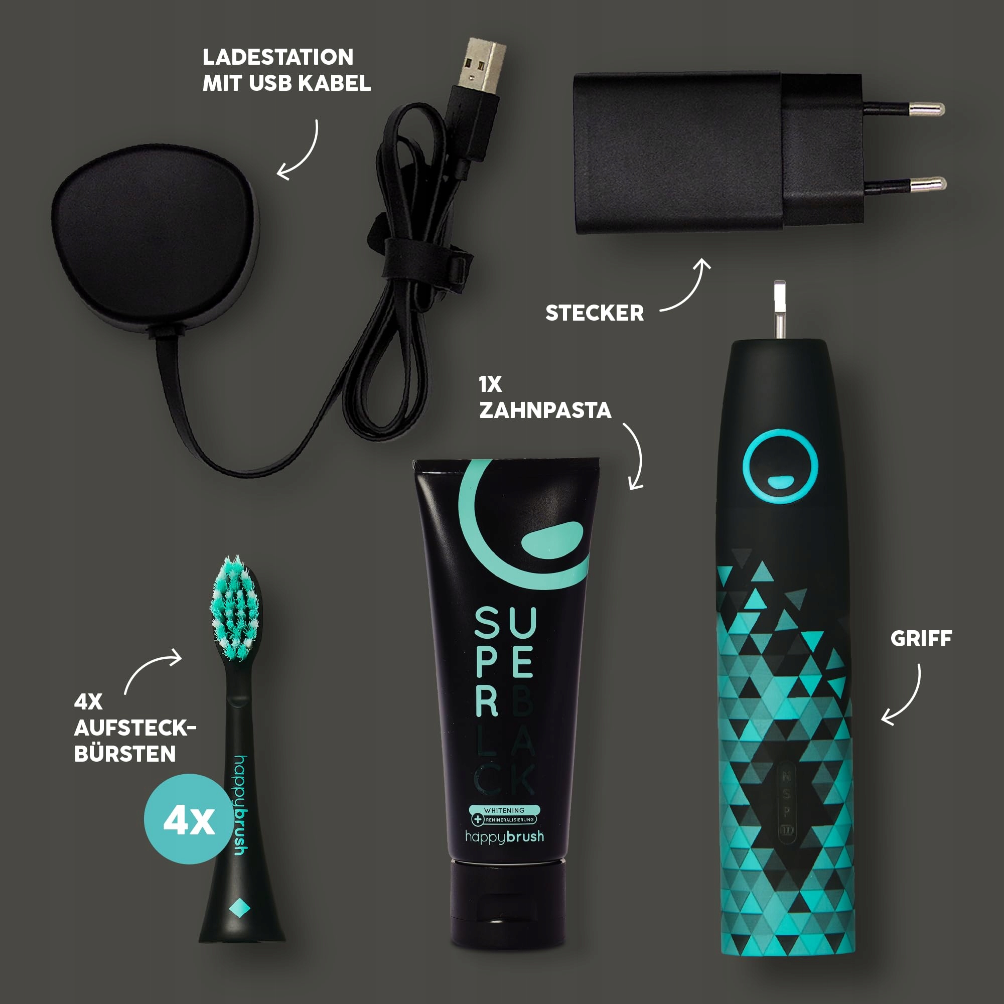 HAPPYBRUSH ECO VIBE 3 Szczoteczka Soniczna Czarna Miętowa Z Akumulatorem — miniatura 6