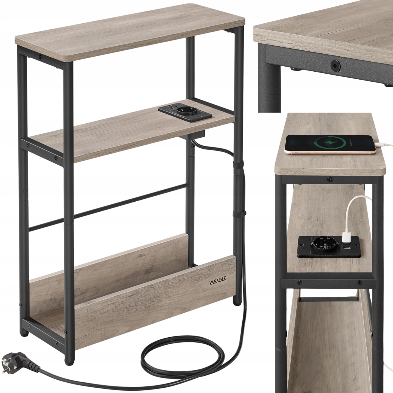 Noční konferenční stolek s lištou pro napájení nabíječky, police na knihy