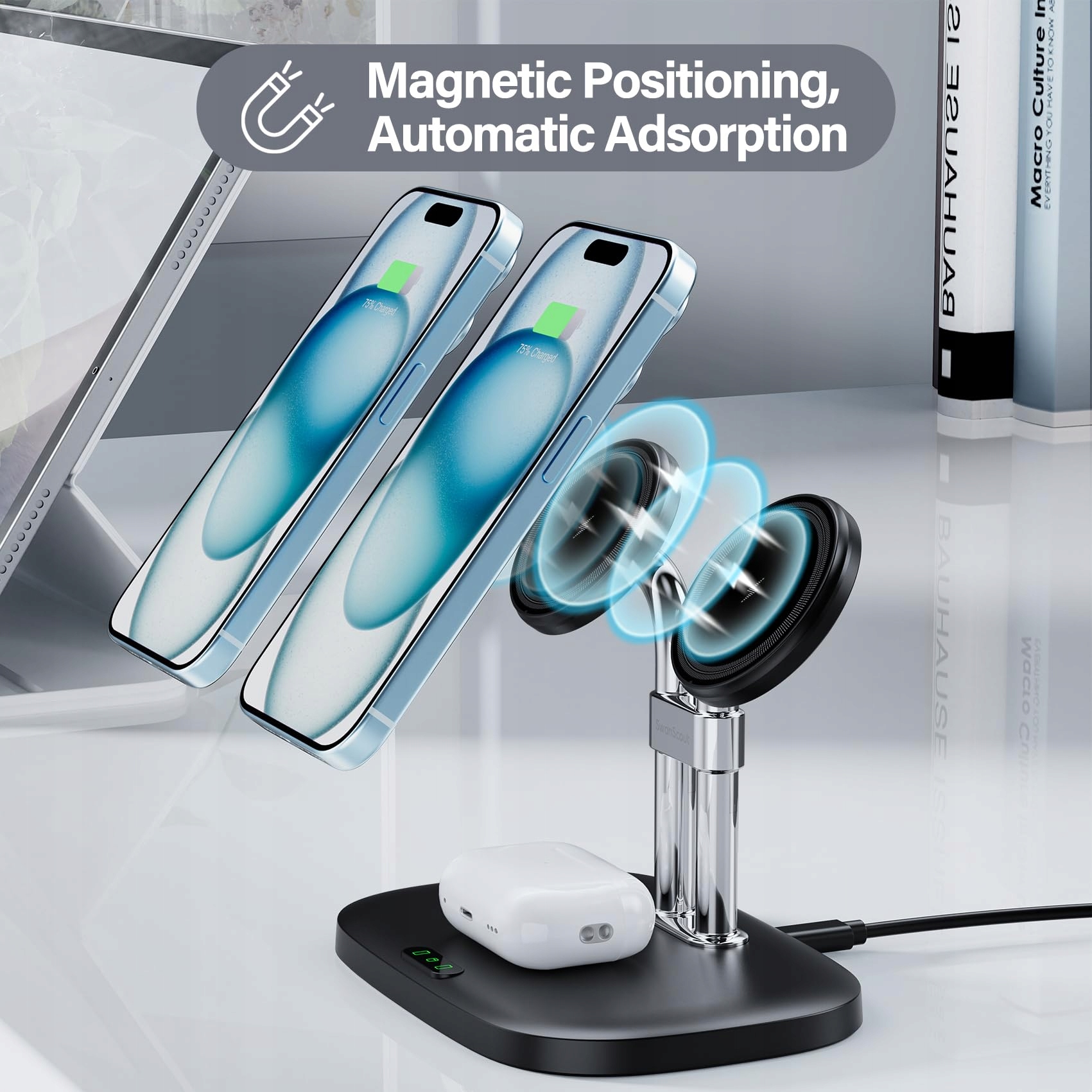 SWANSCOUT Indukcyjna Stacja Ładowania iPhone AirPods MagSafe Podwójna — miniatura 4