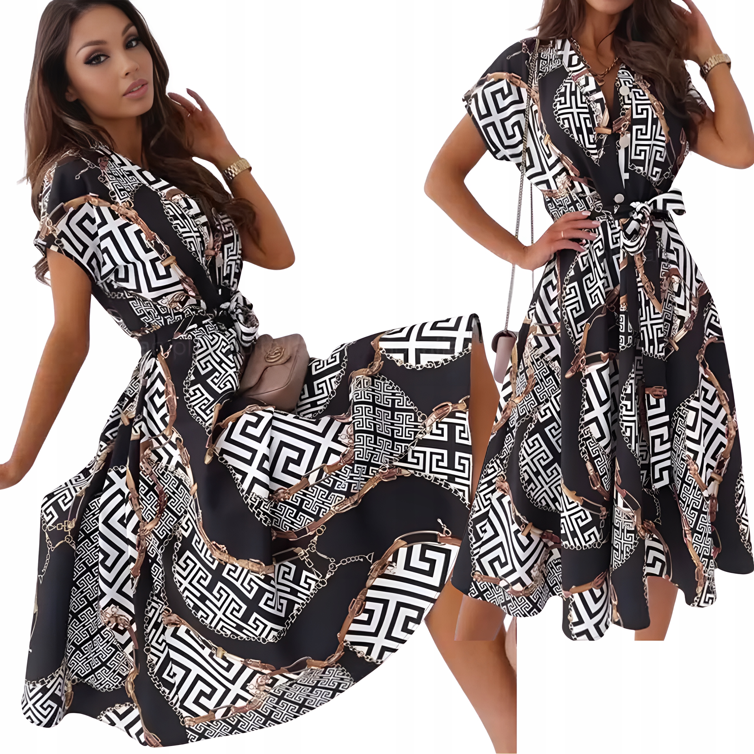 ELEGANCKA SUKIENKA VINTAGE SUKNIA MIDI WZORY KLASYCZNA STYLOWA CZ 42 XL