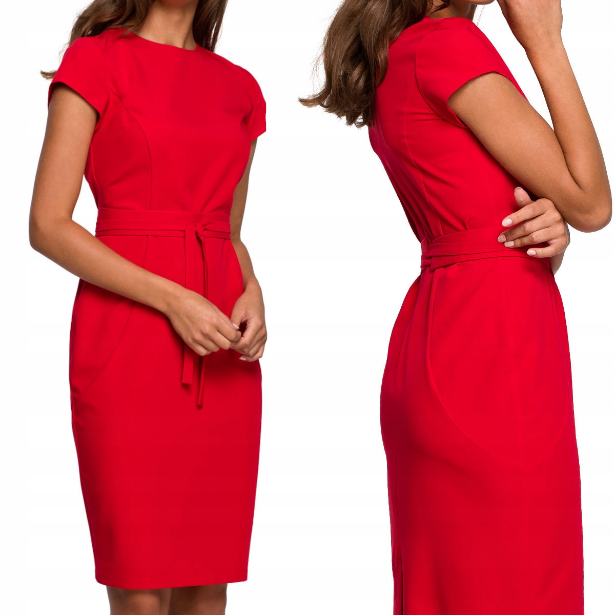 ELEGANCKA DAMSKA KOBIECA SUKIENKA OŁÓWKOWA Z PASKIEM CZERWONA 36 S