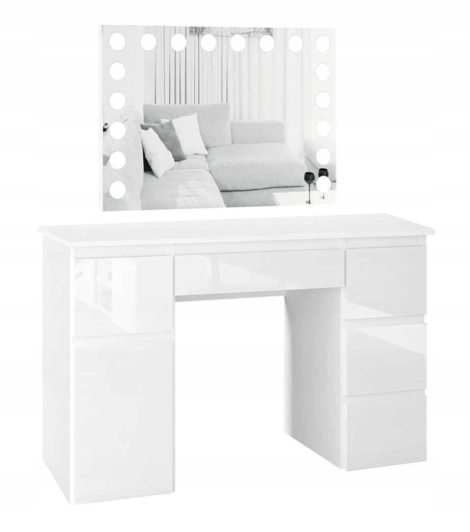 TOALETKA Z LUSTREM LEDOWYM LED POJEMNE SZUFLADY SZAFKA FRONTY BIAŁY POŁYSK