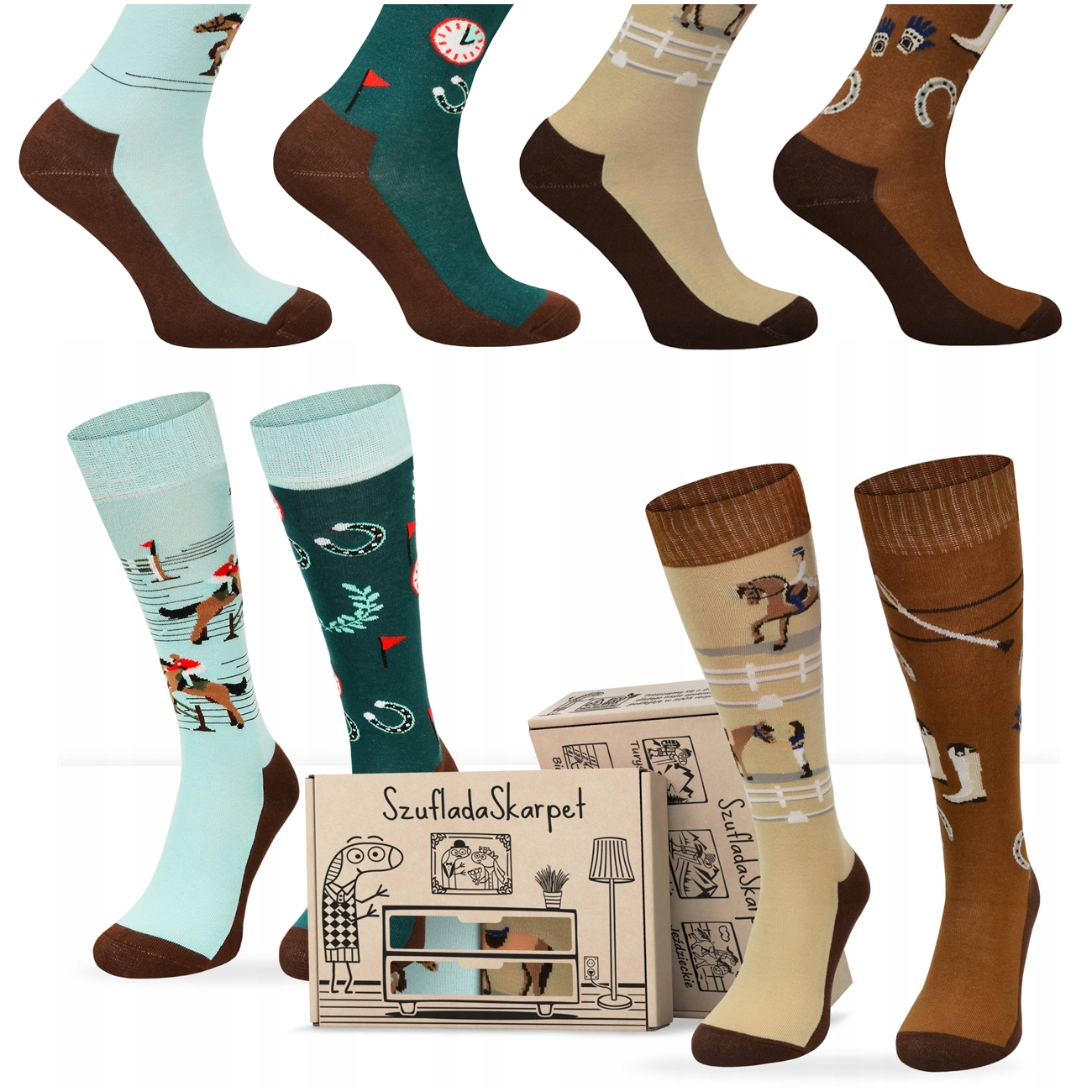 Zestaw kolorowych skarpet w pudełku do jazdy konno