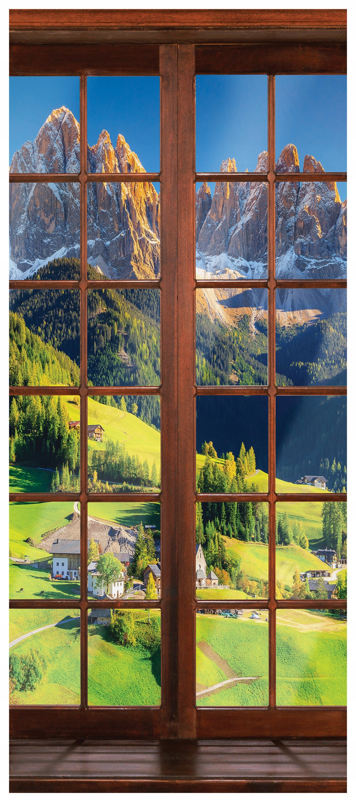 Samolepicí Samolepicí Fototapeta Alpská krajina okno na hory 91x211