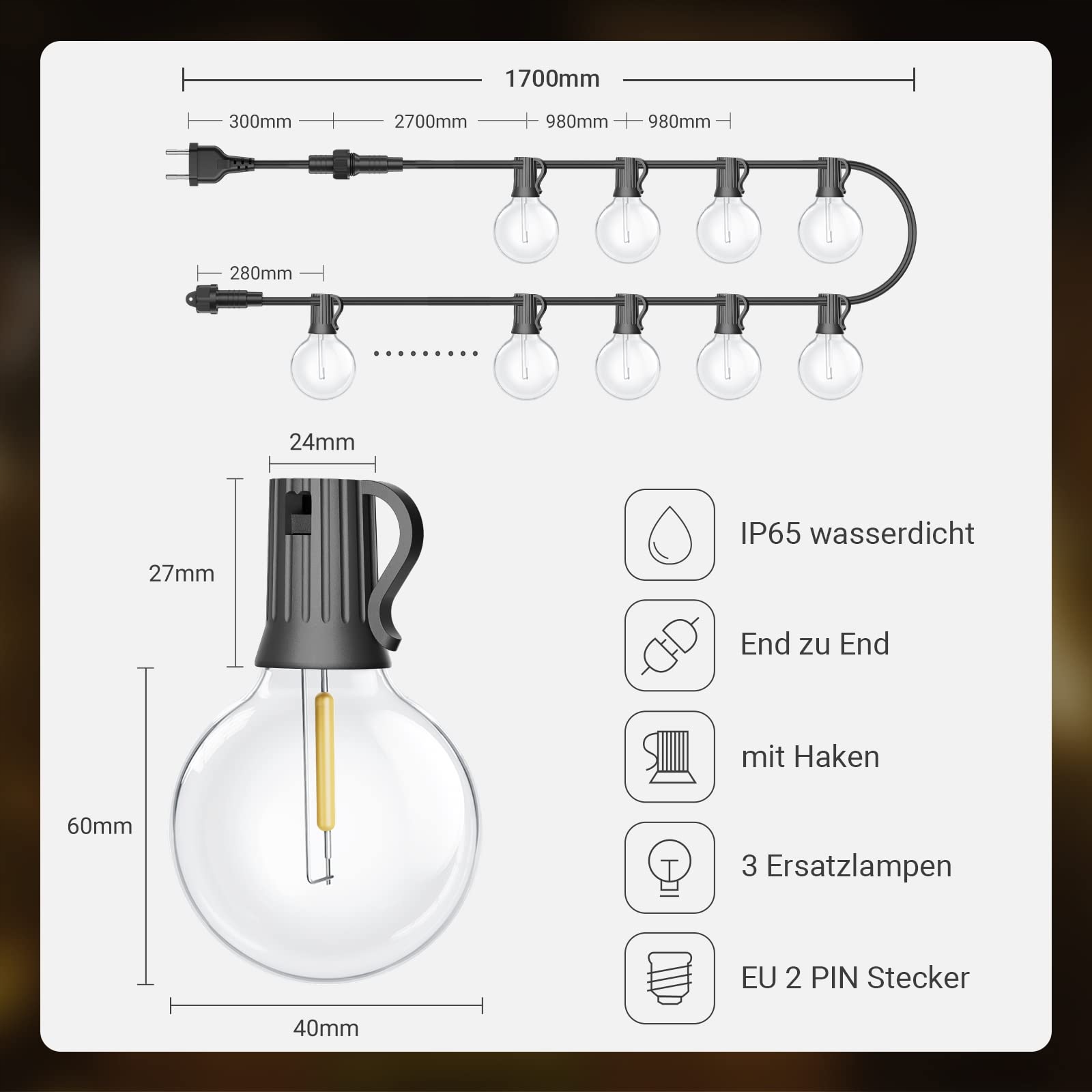 EHAHO Girlanda Zestaw Lampek Zewnętrznych 17M IP65 Wodoodporna 15+3 LED G40 — miniatura 6