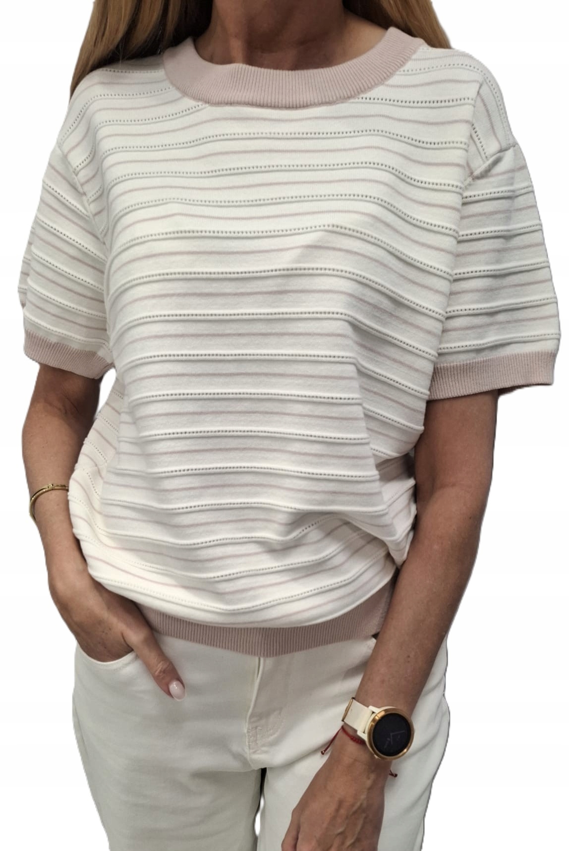 Cocomore Svetr Ažurová halenka s pruhy Bílá Pudrová Růžová Novinka