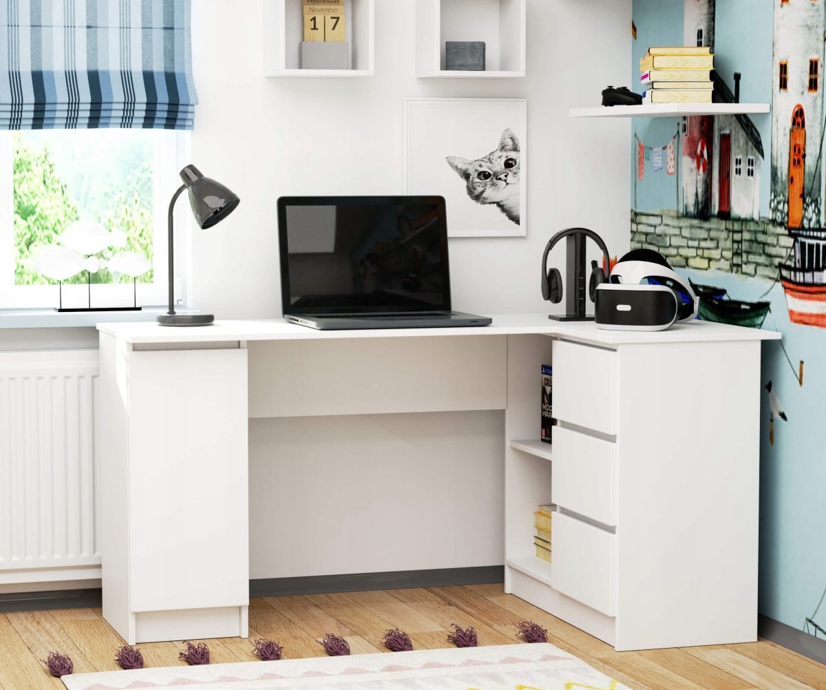 Biurko narożne B20 białe prawe Wysokość mebla 77 cm