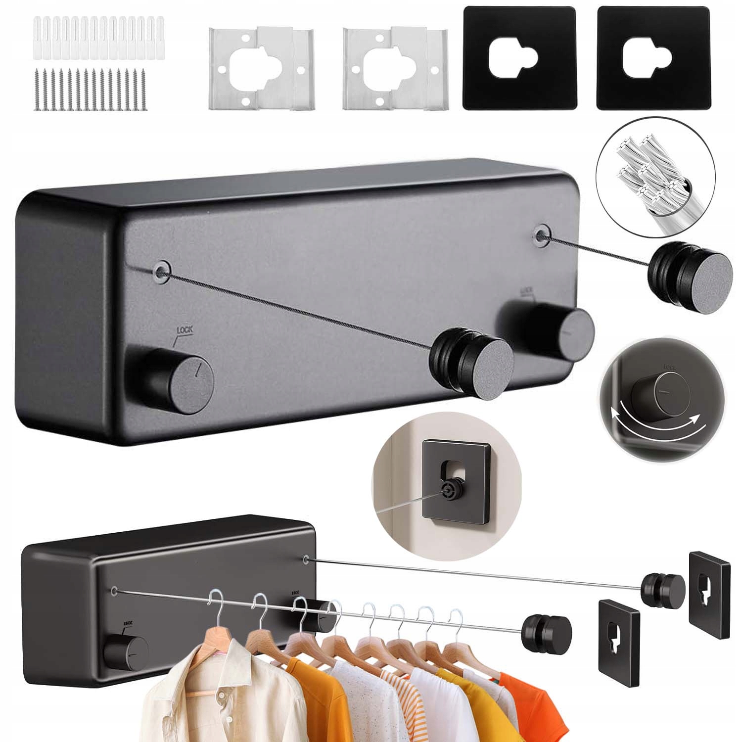 Levně Výsuvná Ocelová Šňůra Na Prádlo, Silná Šňůra 4.2 M, Černá