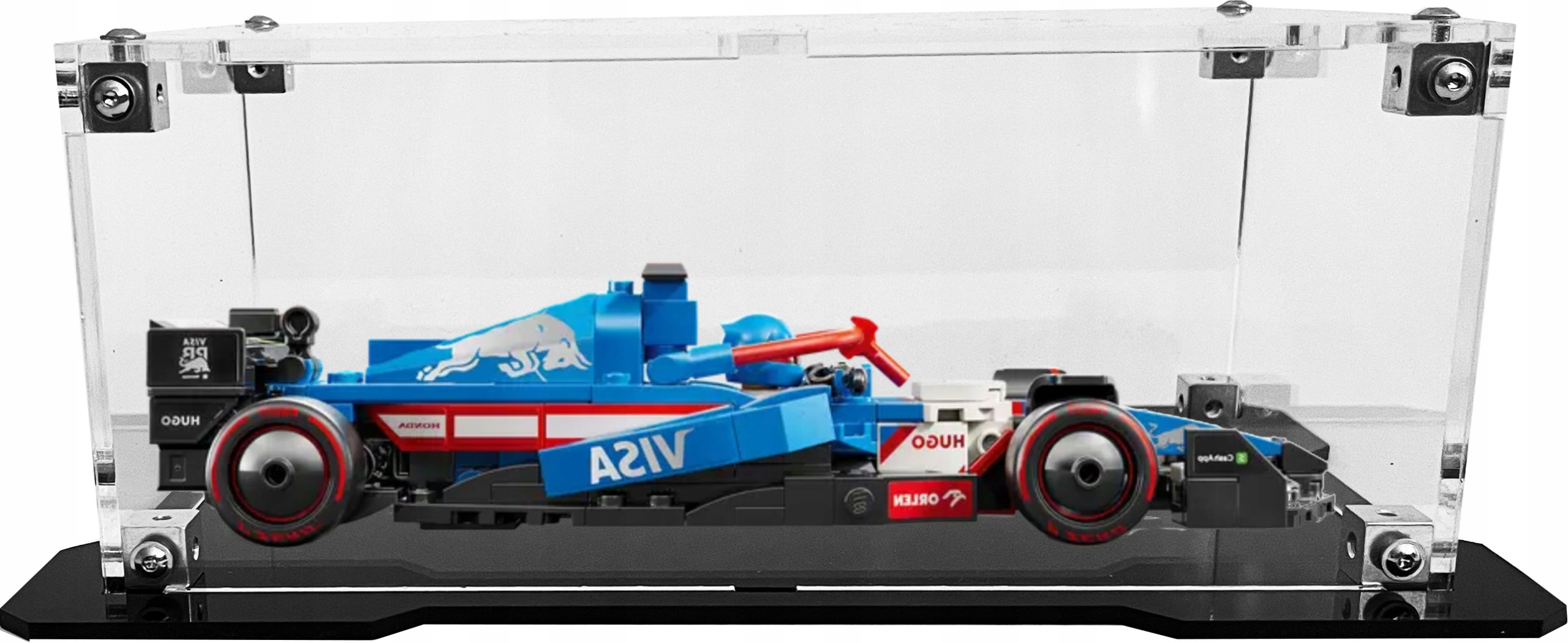 Vitrína s černou základnou pro stavebnici Lego 77246 Formule F1 Visa Cash App