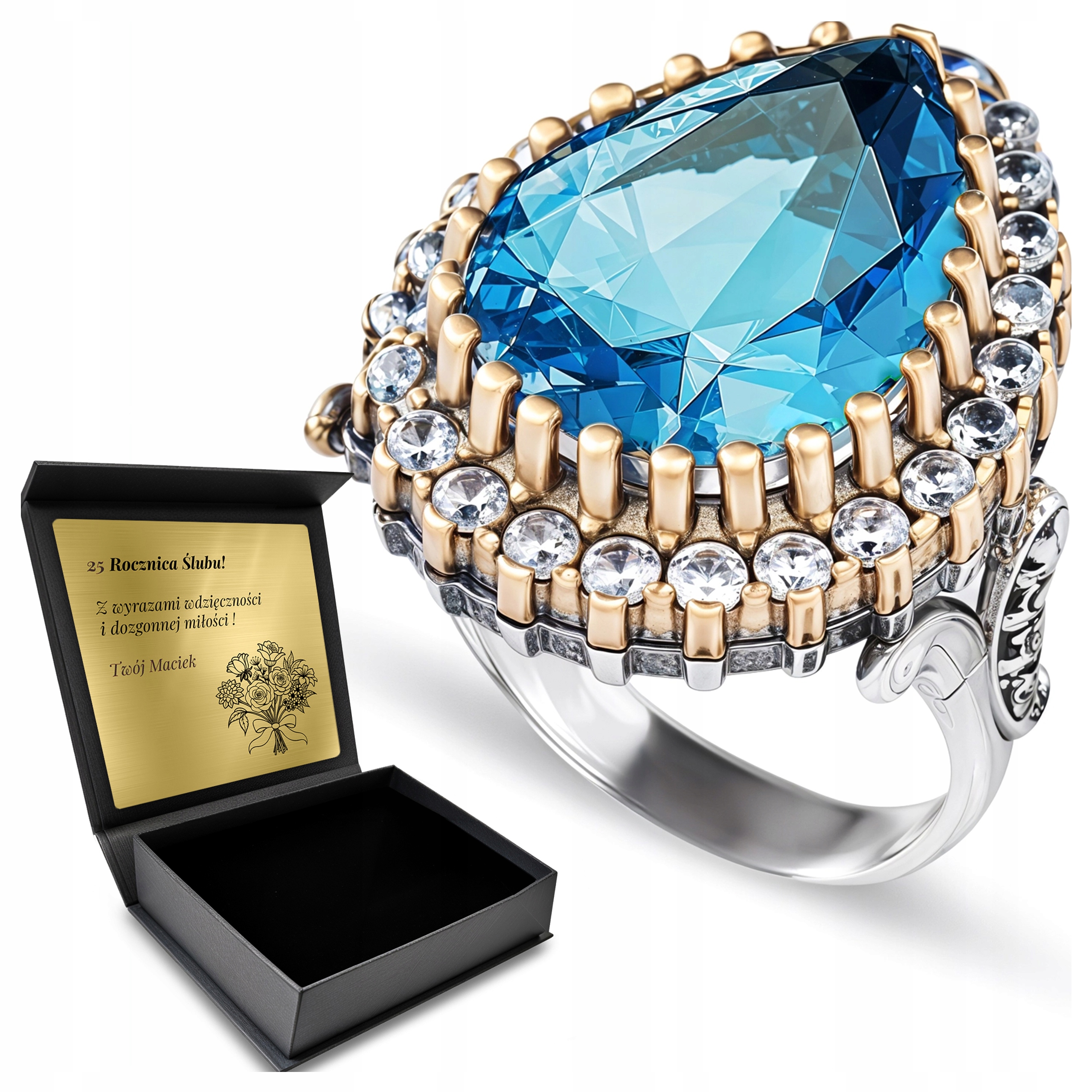 Stříbrný Prstýnek 925 Se Zirkony A Modrým Topazem Gravírování Bonus