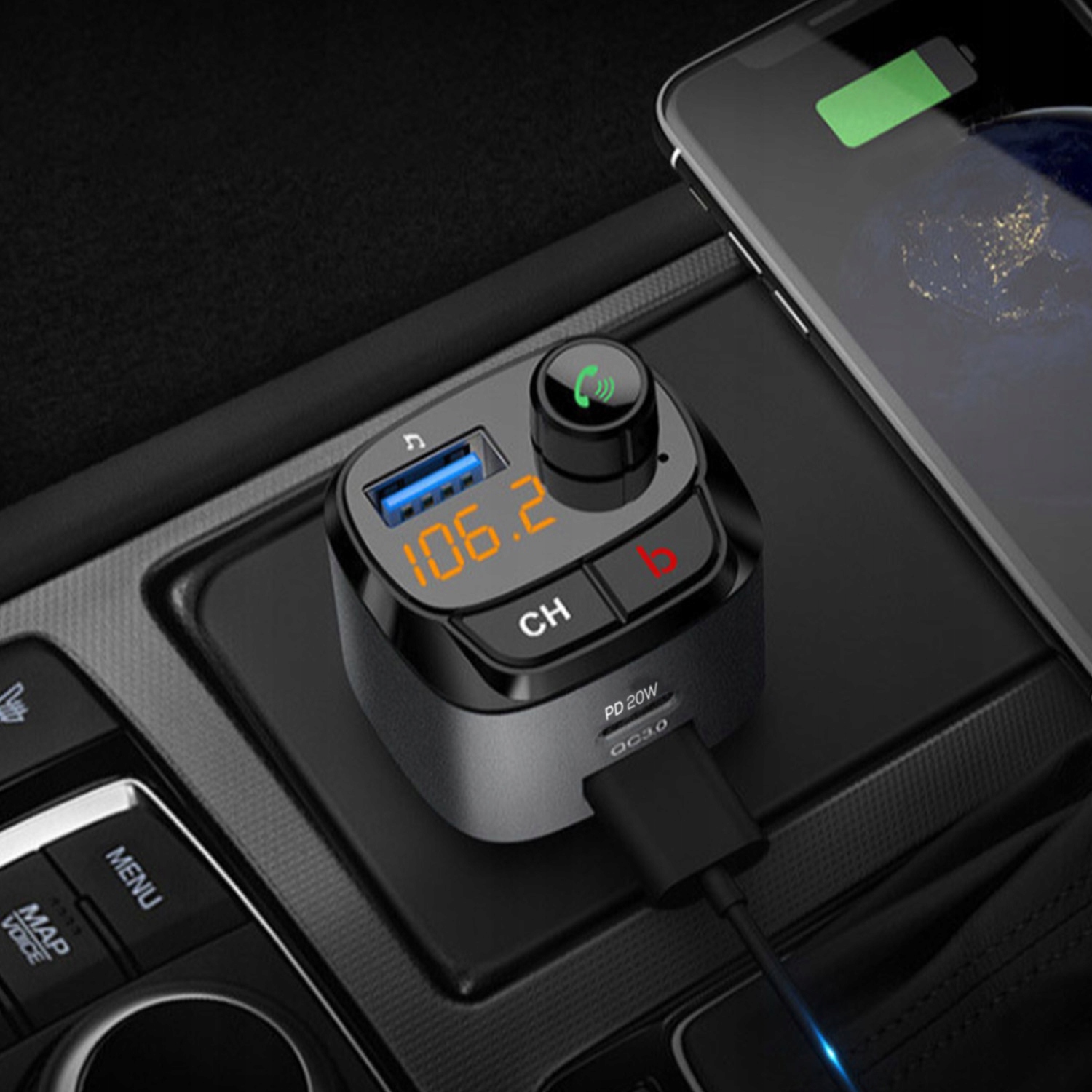 NAJMOCNIEJSZY Transmiter bluetooth FM samochodowy ładowarka 36W QC3.0 USB-C Model Zestaw do samochodu z ładowarką i bluetooth