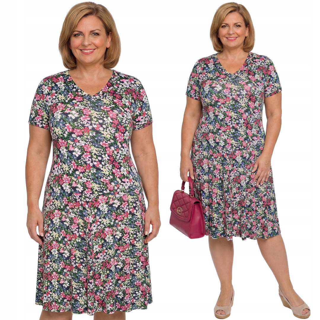 Šaty s růžovo-modrými květy plus size velikost 54