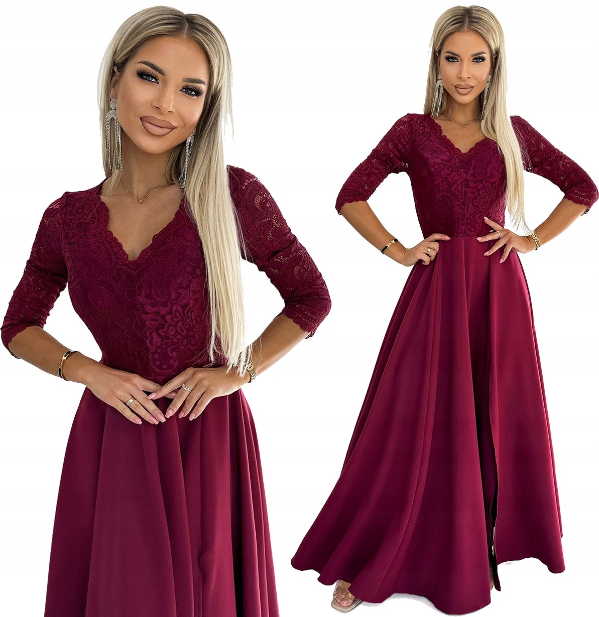 Krásná Dlouhá Šaty S Krajkovým Výstřihem, Večerní Bordó M