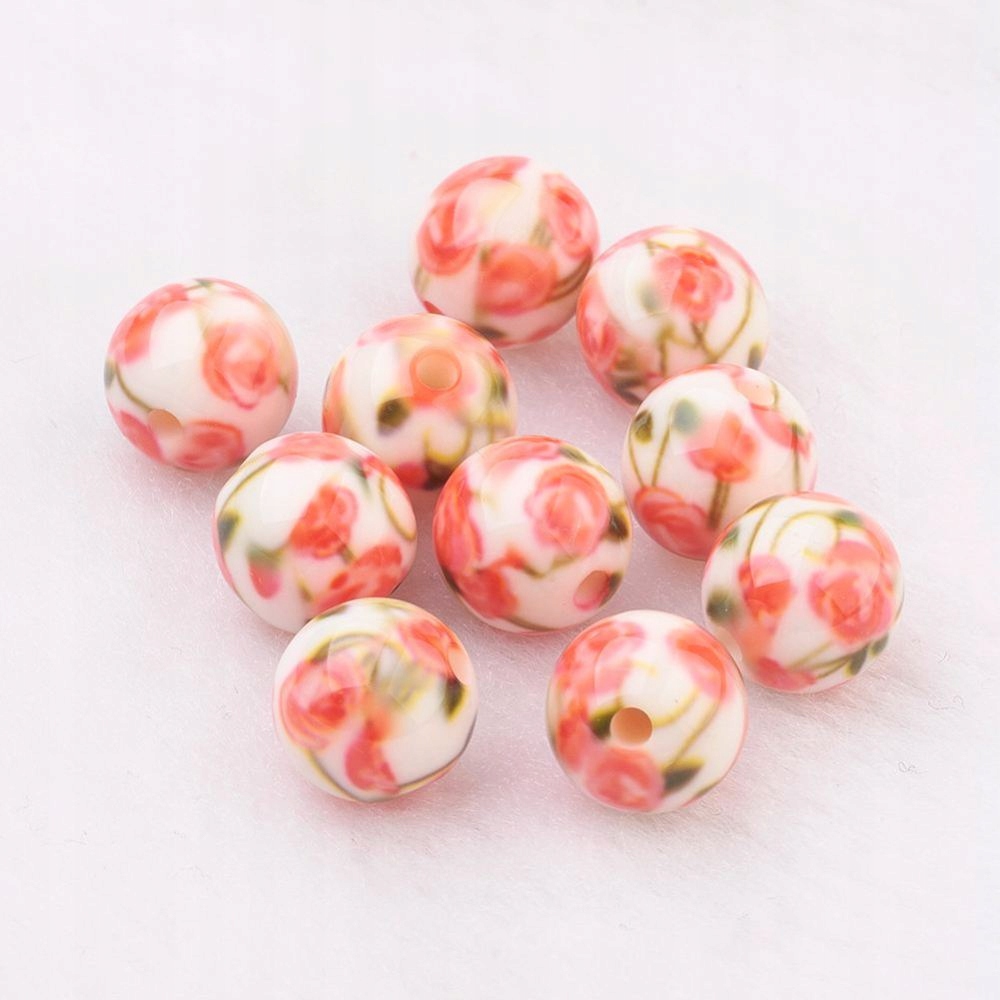 Koraliki Żywica Okrągłe Barwione, Kwiaty Wzor, Mix, 10mm, Otwór 2mm, 10szt