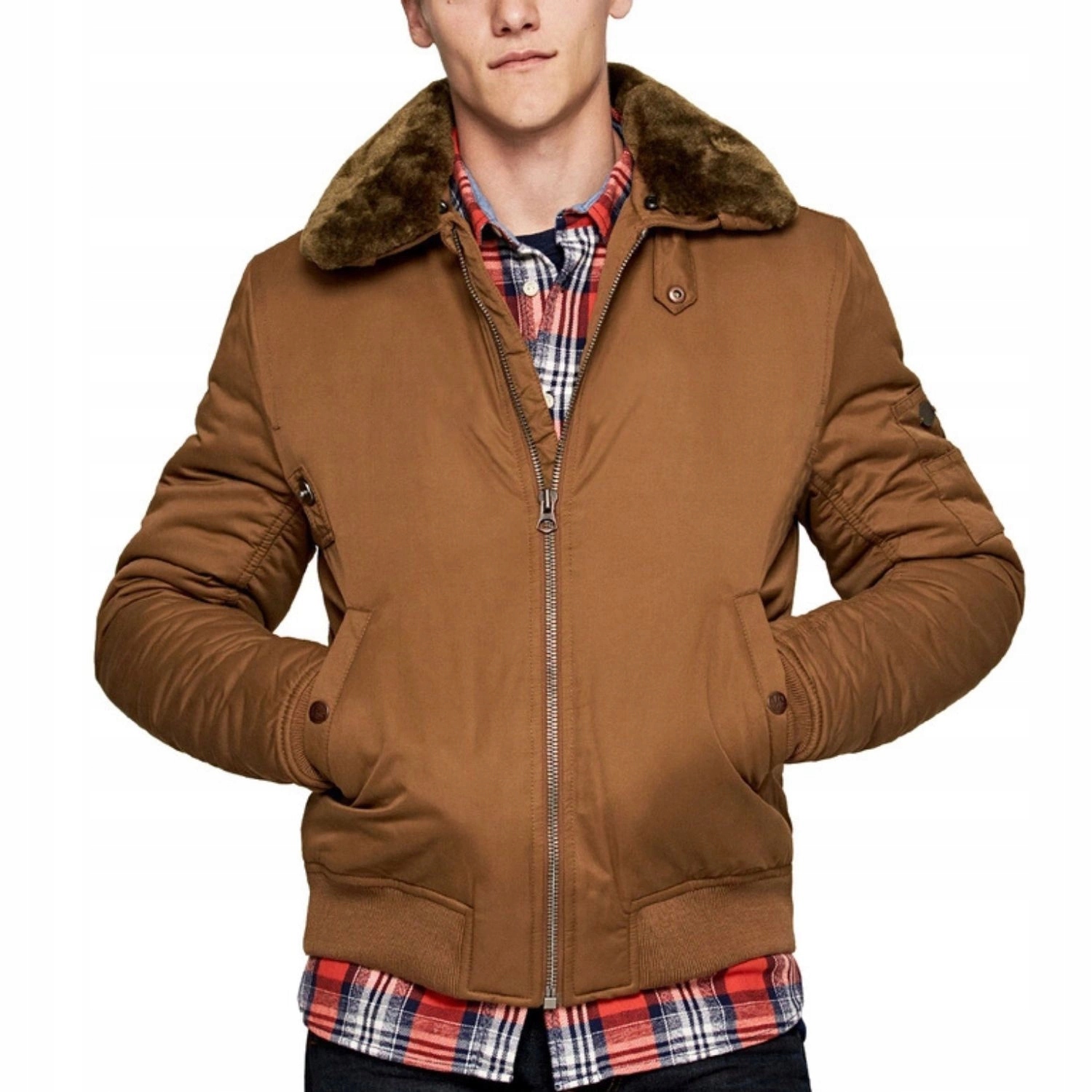 Zimní bunda pánská Pepe Jeans bomber zateplená kožíšek hnědá vel. S