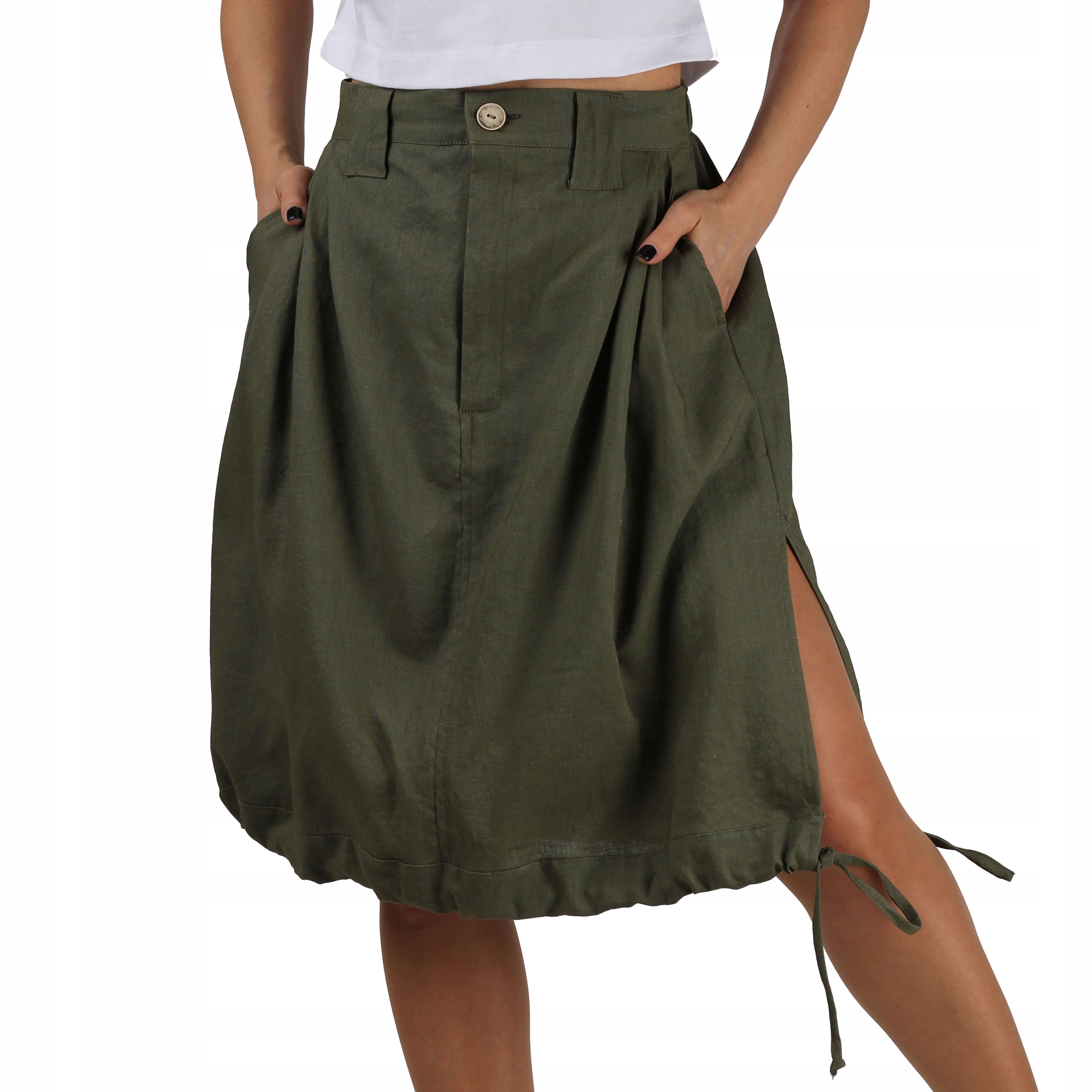 

S M Len Khaki MIDI spódnica 100% lniana lato guma