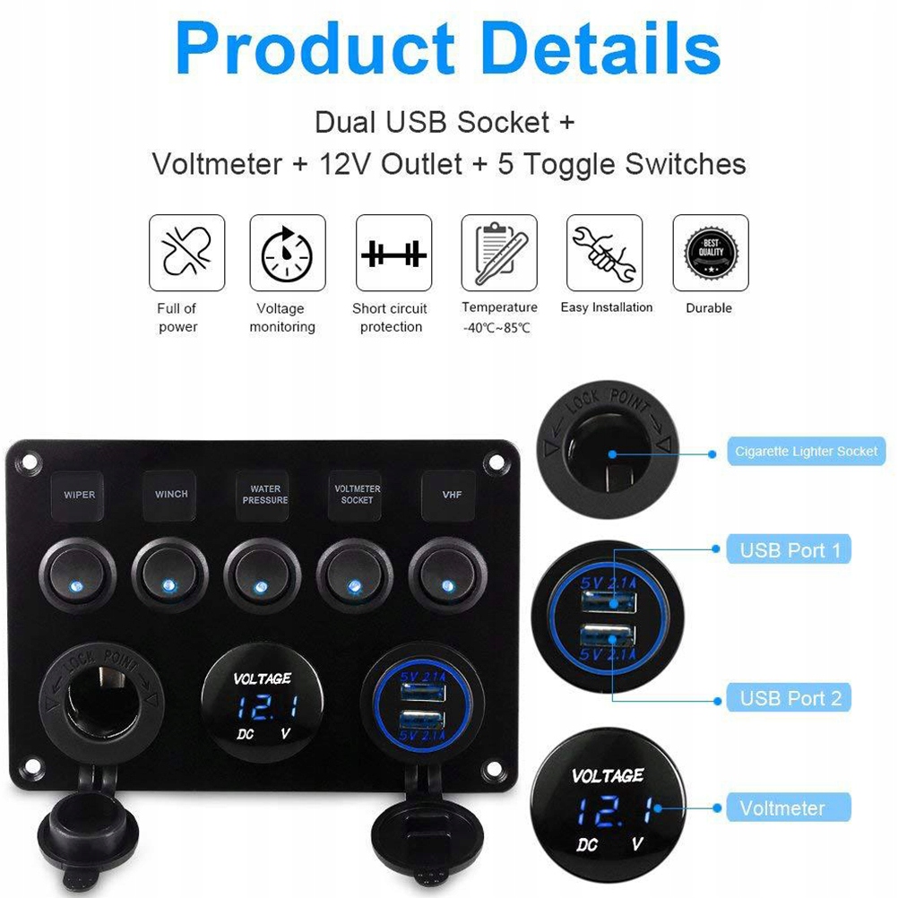 ŁADOWARKA PANELOWA, GNIAZDO ZAPALNICZKI, PANEL PRZEŁĄCZNIKÓW 2X USB 3.1A Producent Inny