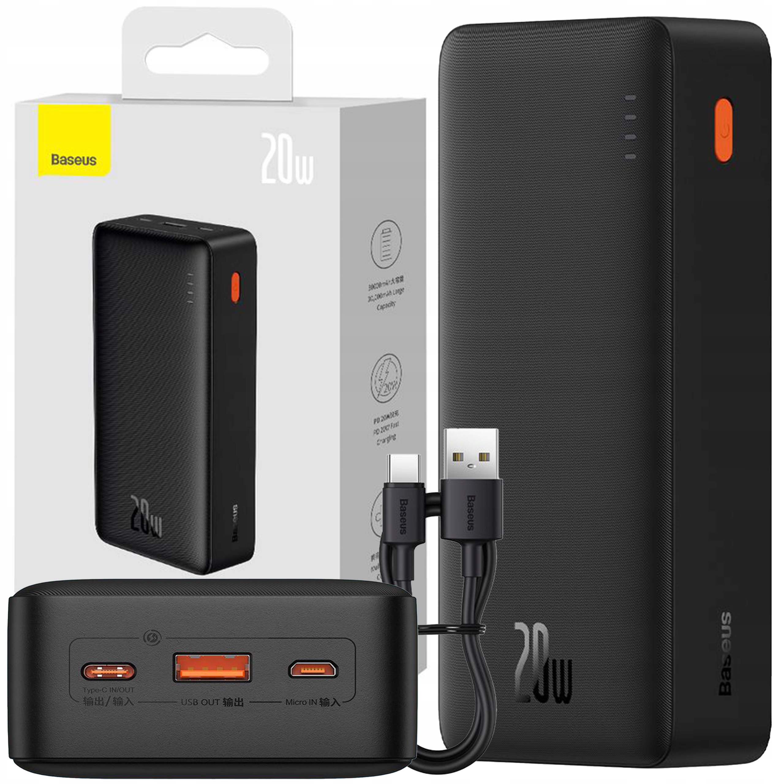Baseus Powerbanka S Rychlým Nabíjením 30000MAH 20W Usb-c Usb-a S Kabelem