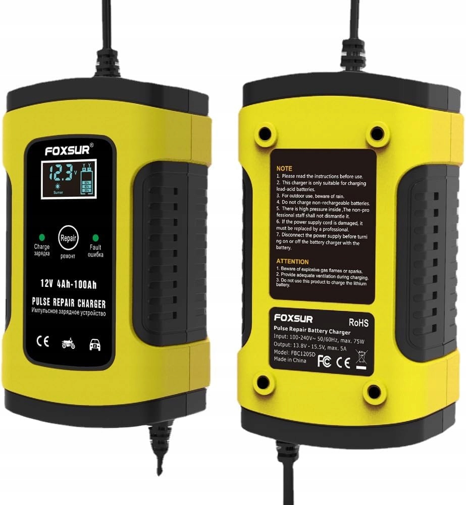 PROSTOWNIK SAMOCHODOWY DO AKUMULATORÓW 12V LCD FUNKCJA NAPRAWY FOXSUR Model FOXSUR FBC 1205D Mikroprocesorowy prostownik