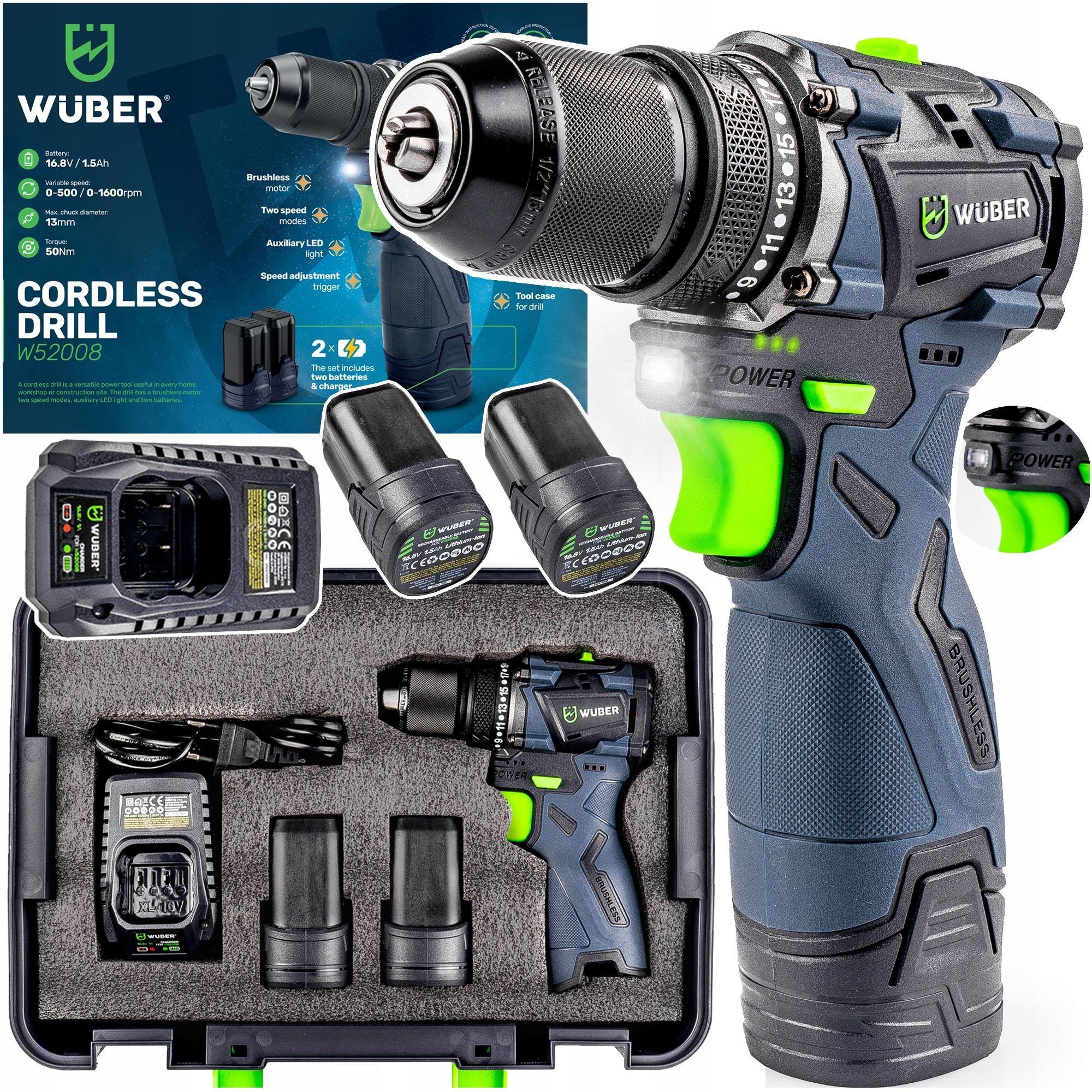 Wiertarko-wkrętarka Akumulatorowa Bezszczotkowa 2xBATERIA Ładowarka Zestaw