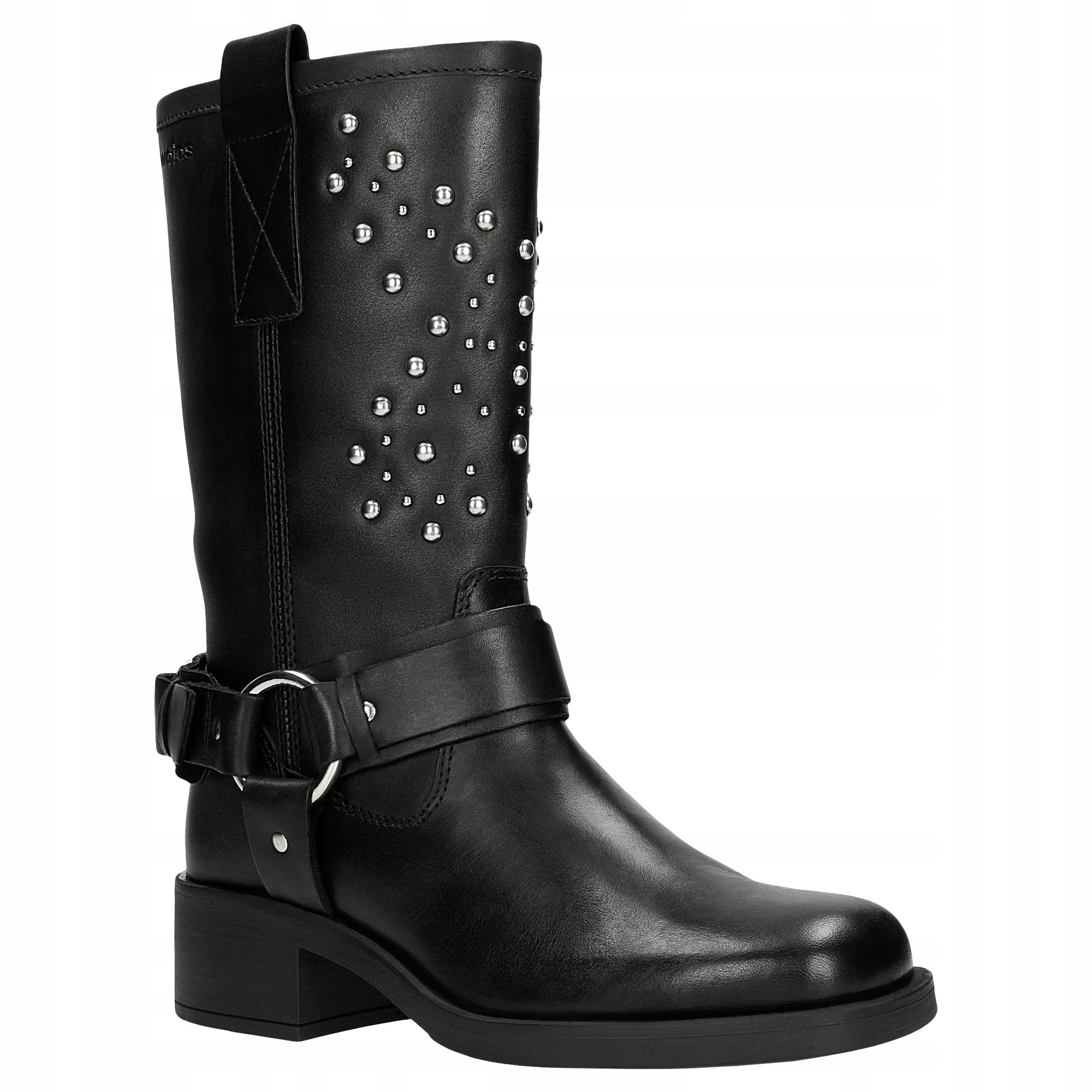 Dámské kotníkové boty černé kožené typu bikery s nýty na svršku Wojas vel.