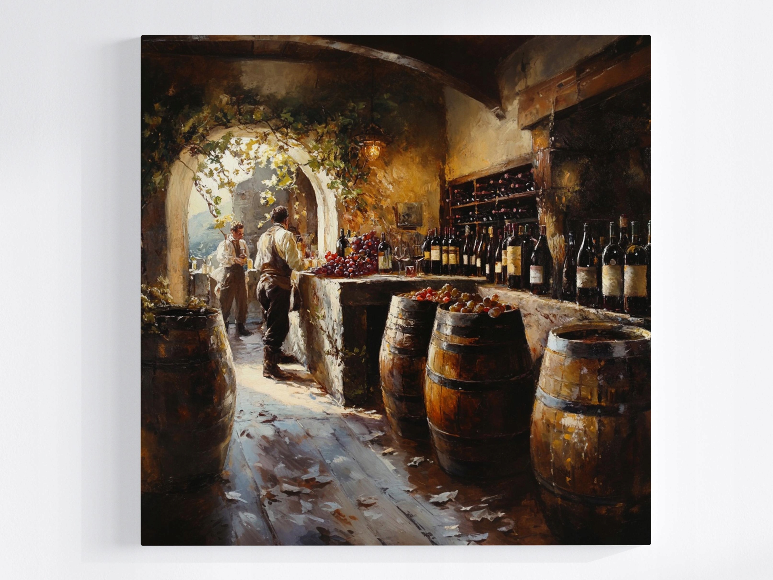 Obraz Na Plátně Canvas Vinná Sklenice Sudy Láhve Víno Ovoce 80x80