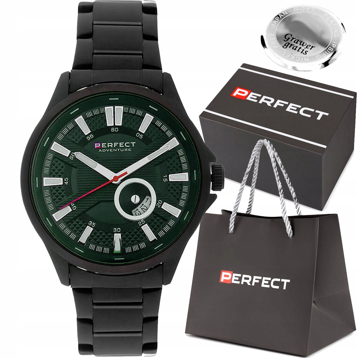 Pánské hodinky Perfect grafitové na náramku S Datumovkou krabička Gravírování