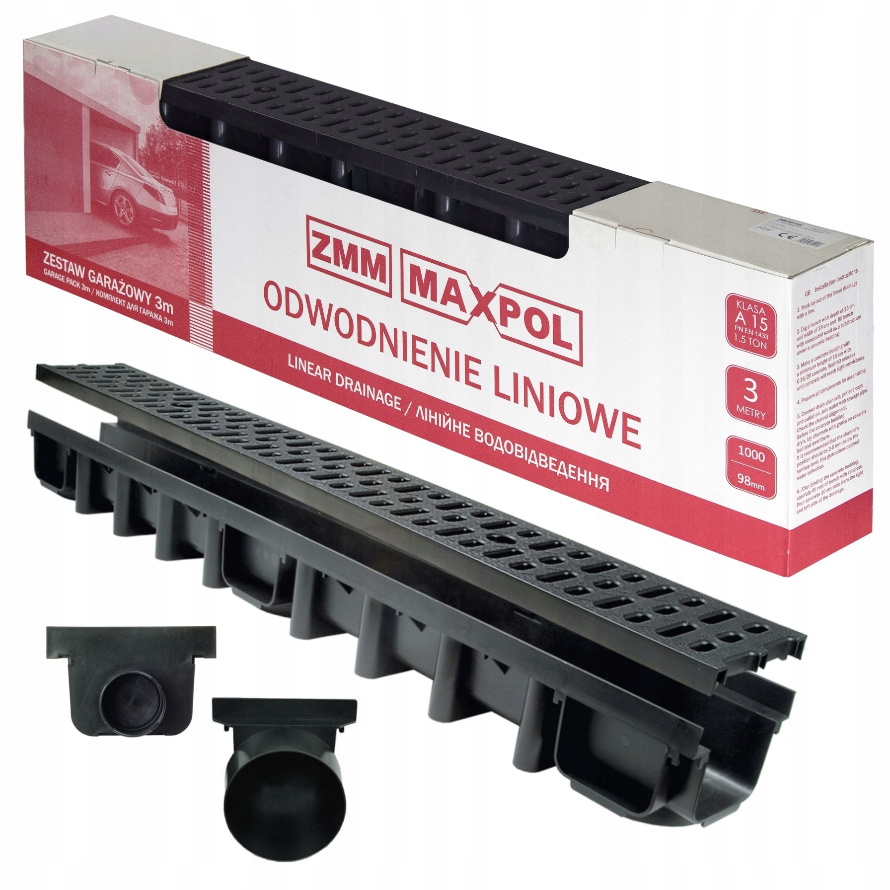 Garážové odvodnění 3 m x 131 x 98 mm Komplet S Mřížkou Pp A15 do 1,5 tuny