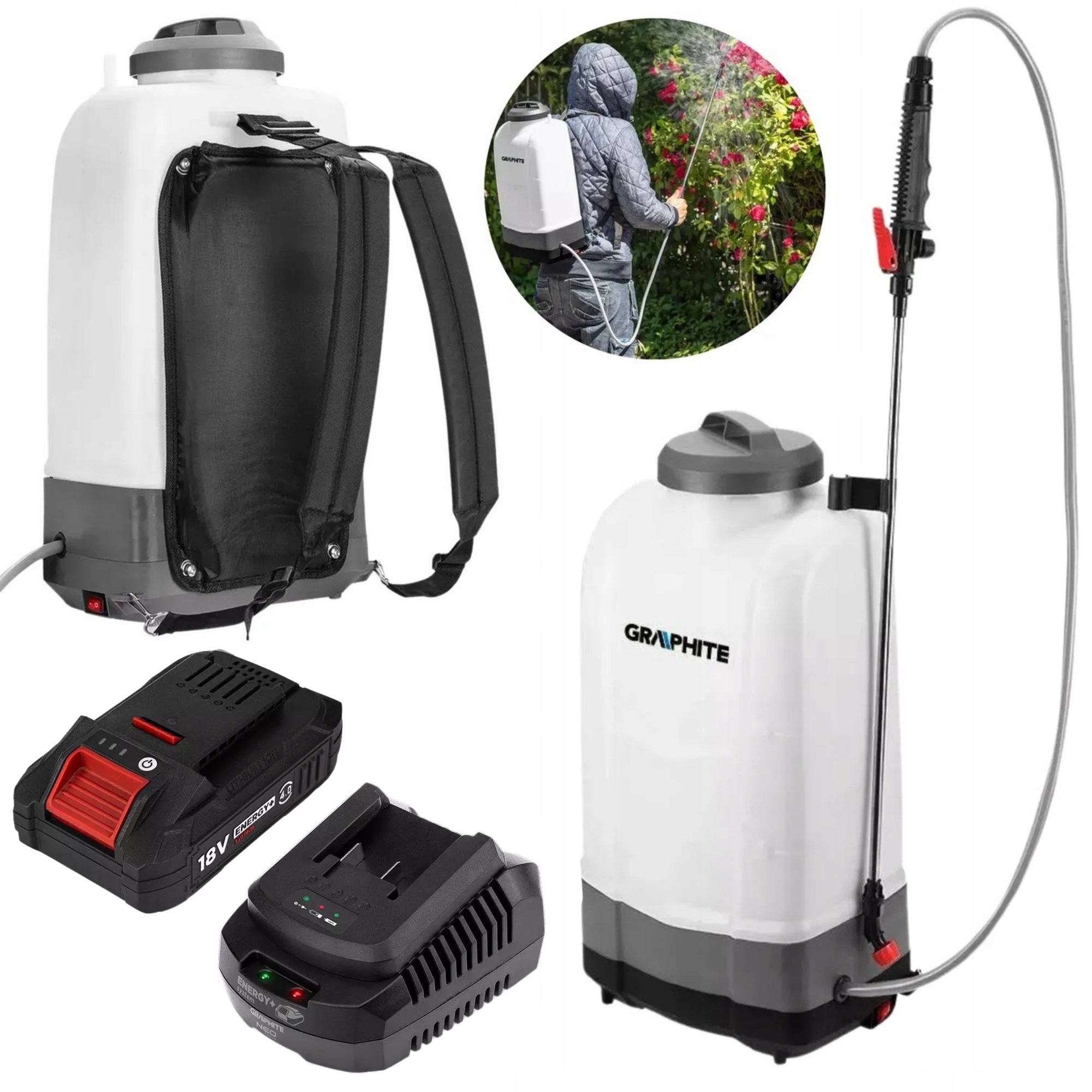 Zestaw Opryskiwacz Akumulatorowy Plecakowy 15L Bateria 4Ah Ładowarka