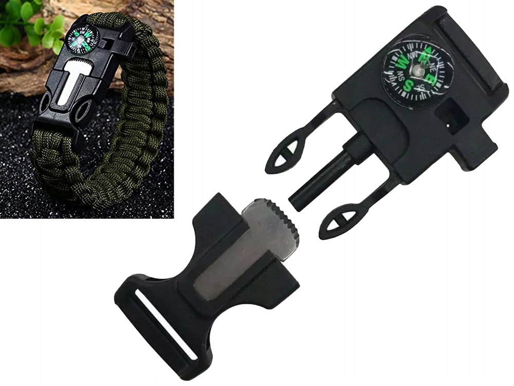 BRANSOLETKA SURVIVAL OPASKA 5W1 KOMPAS KRZESIWO LINKA OSTRZE LINKA PARACORD Długość całkowita 26 cm