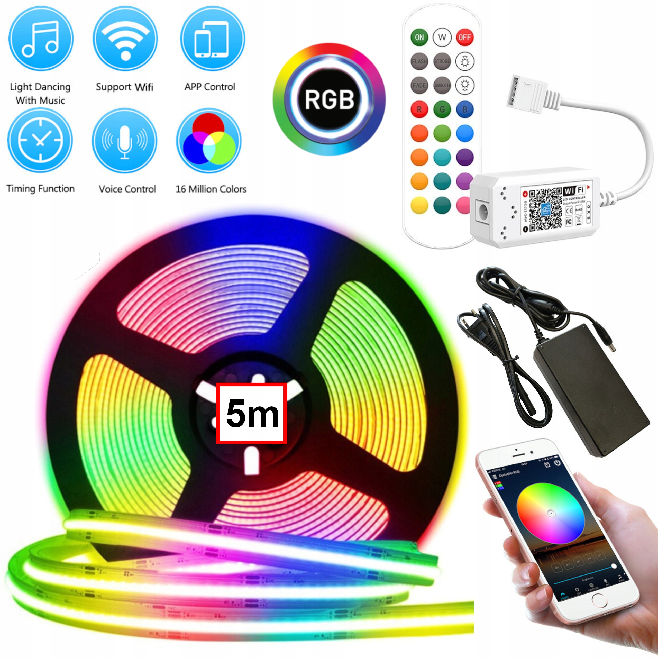 Led Páska Cob Rgb Sada 5M Ovládač Smart Wifi Android iOS Napájací Adaptér