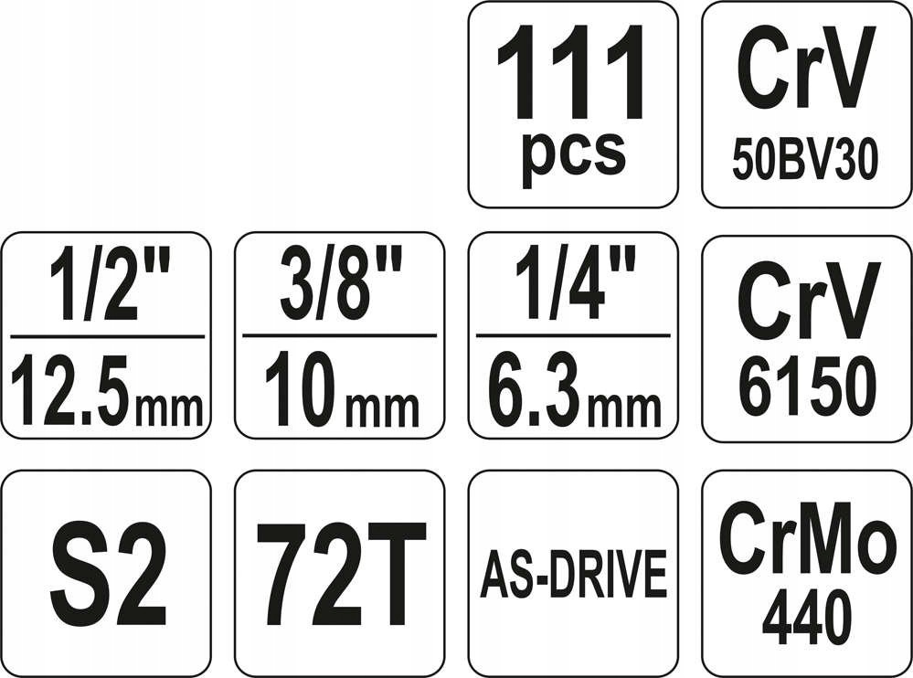 KLUCZE NASADOWE 1/4" 3/8" 1/2 ZESTAW NARZĘDZIOWY 111 ELEMENTÓW W Liczba elementów w zestawie 111