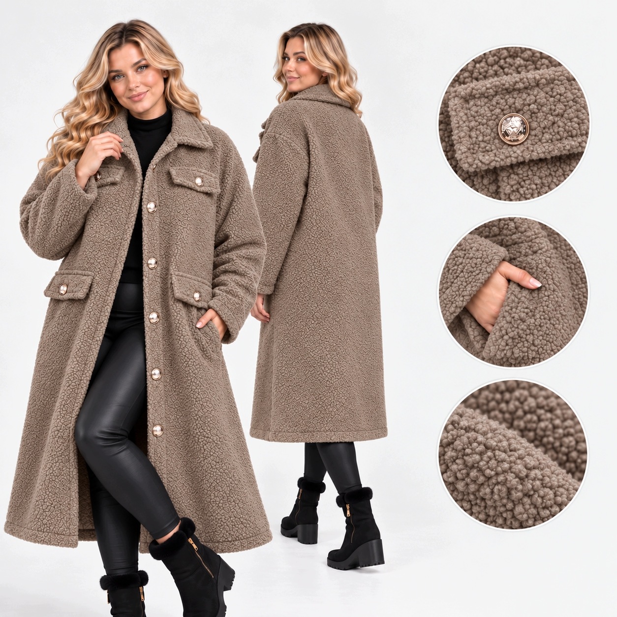 5627 Kabát beránek teddy fango módní ozdobné knoflíky 50 52 5xl 6xl