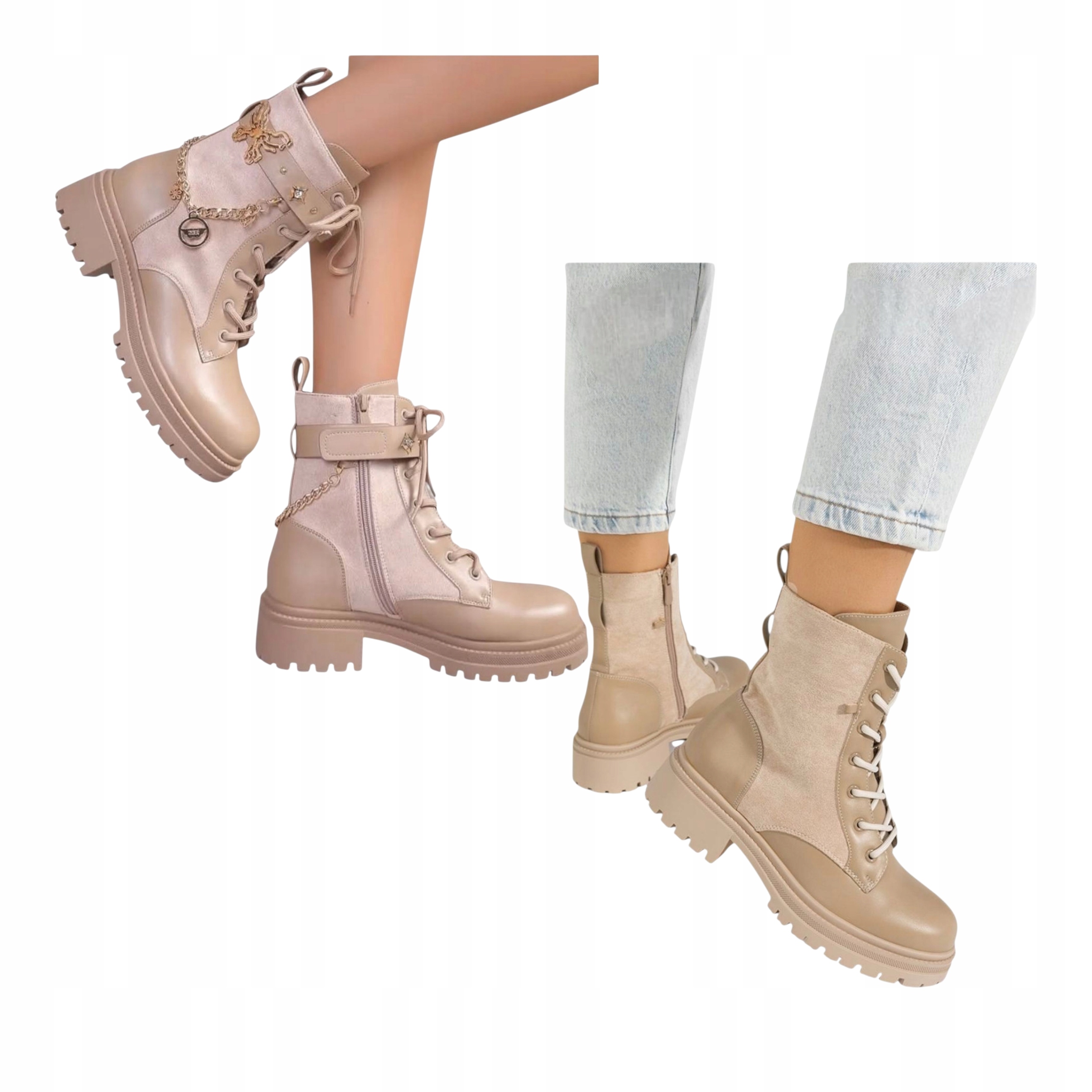 Dámské Kotníkové Boty Workery na platformě Kožené vysoké béžové 39